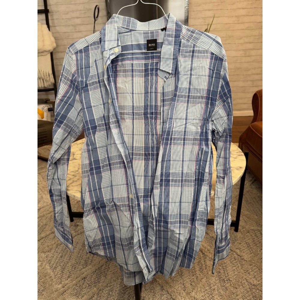 Hugo Boss Blue Purple Plaid Long Sleeves Button Up Dress Shirt Mens Size L